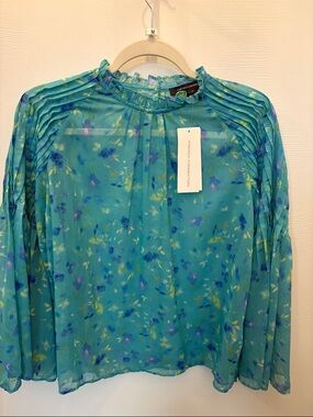 French Connection Teal & Blue Floral Pleated Long-Sleeve Blouse